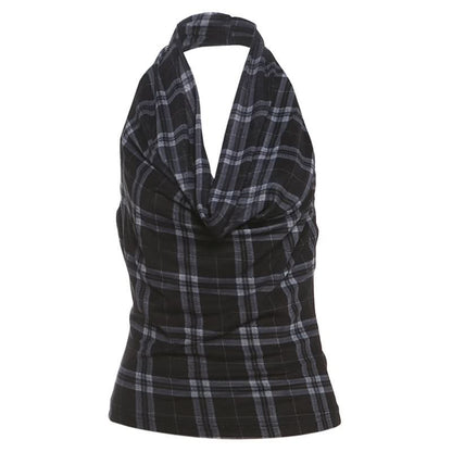 Halter cowl neck plaid backless top  | Festival Outfits Women