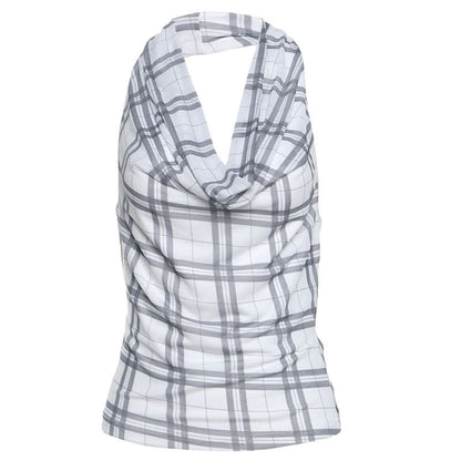Halter cowl neck plaid backless top  | Festival Outfits Women