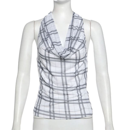 Halter cowl neck plaid backless top  | Festival Outfits Women