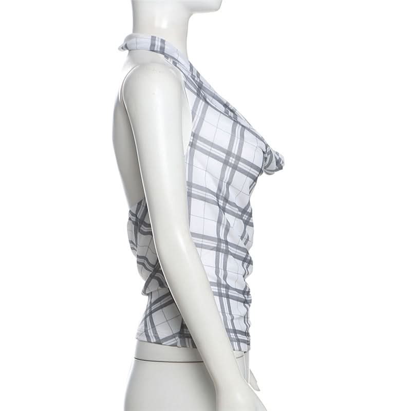 Halter cowl neck plaid backless top  | Festival Outfits Women