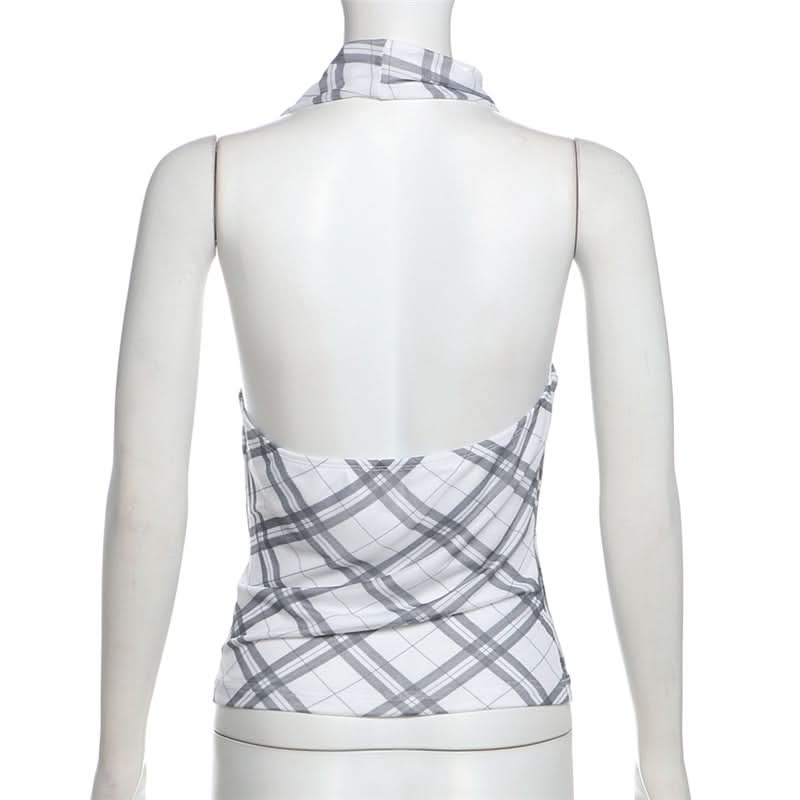 Halter cowl neck plaid backless top  | Festival Outfits Women