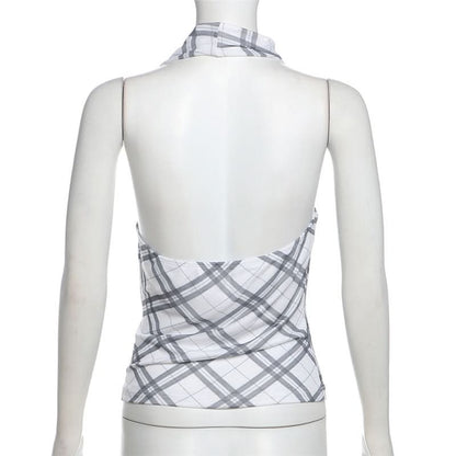 Halter cowl neck plaid backless top  | Festival Outfits Women