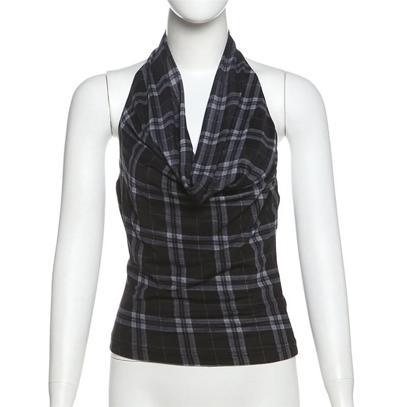 Halter cowl neck plaid backless top  | Festival Outfits Women