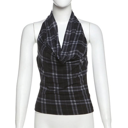 Halter cowl neck plaid backless top  | Festival Outfits Women