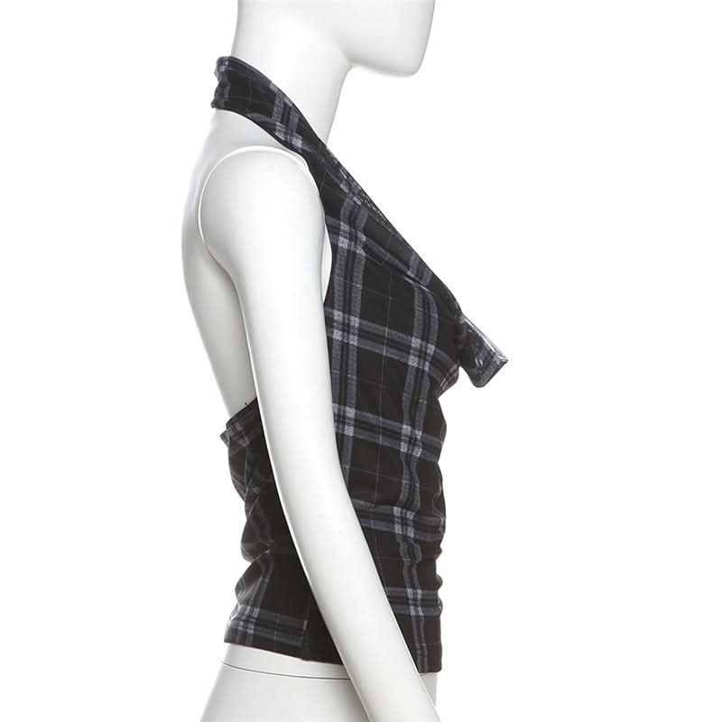 Halter cowl neck plaid backless top  | Festival Outfits Women