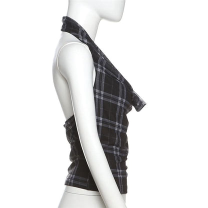 Halter cowl neck plaid backless top  | Festival Outfits Women