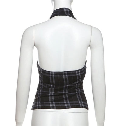 Halter cowl neck plaid backless top  | Festival Outfits Women