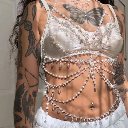 Faux pearl beaded body chain hollow out cut out top  | Festival Outfits Women