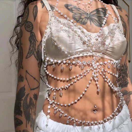 Faux pearl beaded body chain hollow out cut out top  | Festival Outfits Women