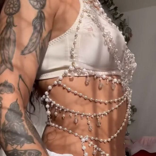 Faux pearl beaded body chain hollow out cut out top  | Festival Outfits Women
