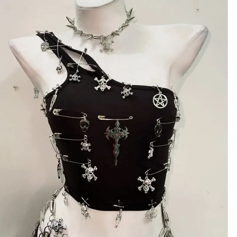 One shoulder cross applique backless top  | Festival Outfits Women