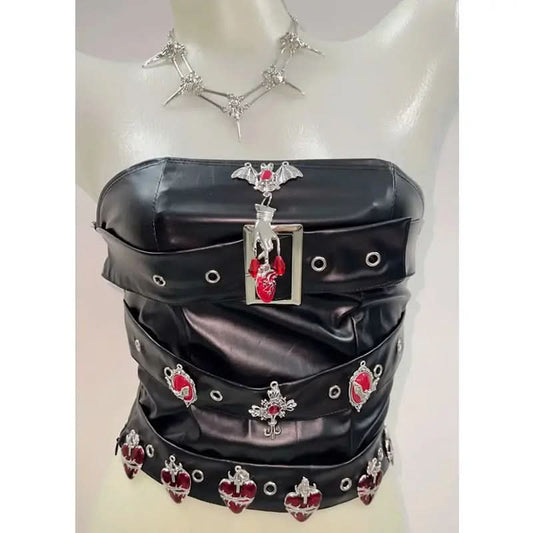 PU leather buckle bat applique tube top  | Festival Outfits Women