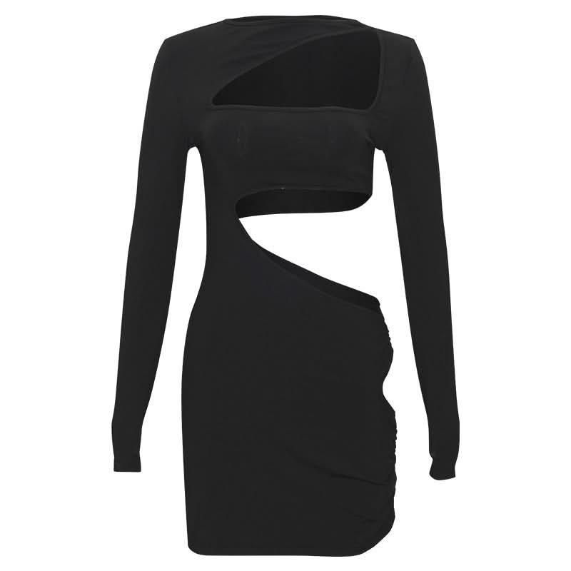 Long sleeve irregular hollow out ribbed cut out mini dress  | Festival Outfits Women