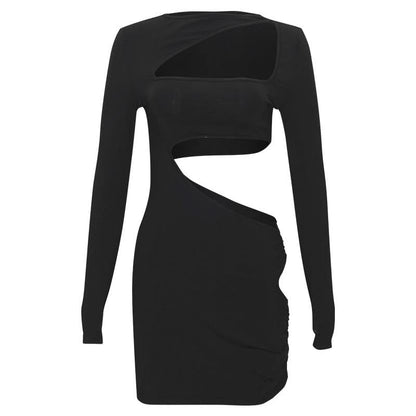 Long sleeve irregular hollow out ribbed cut out mini dress  | Festival Outfits Women