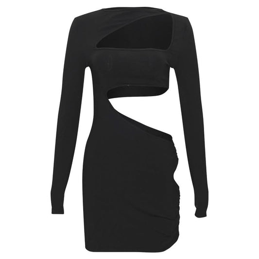 Long sleeve irregular hollow out ribbed cut out mini dress  | Festival Outfits Women