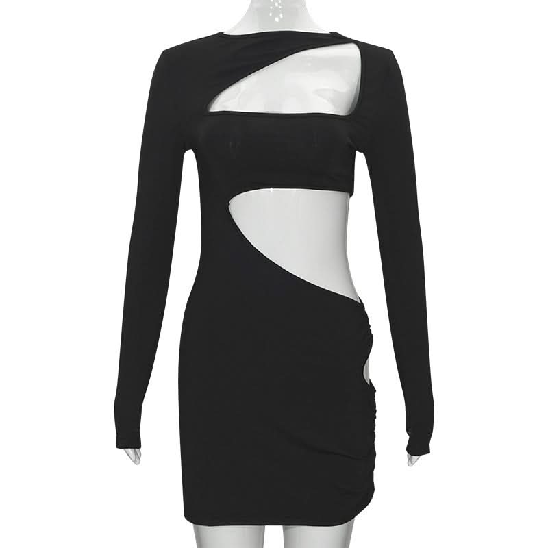 Long sleeve irregular hollow out ribbed cut out mini dress  | Festival Outfits Women