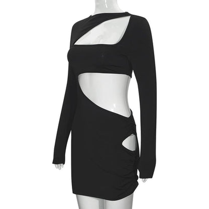 Long sleeve irregular hollow out ribbed cut out mini dress  | Festival Outfits Women