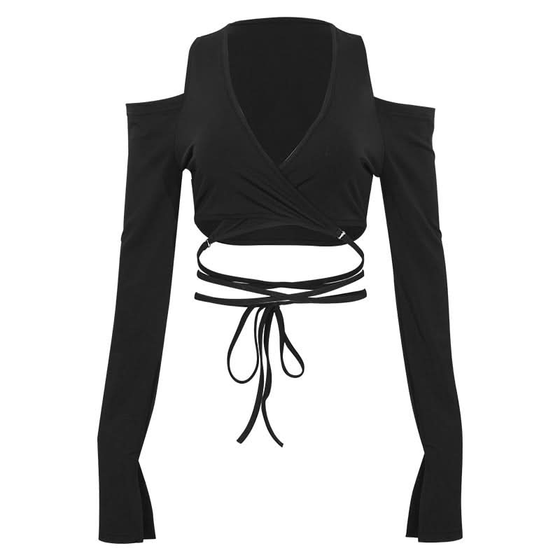 Long sleeve slit v neck off shoulder self tie crop top  | Festival Outfits Women