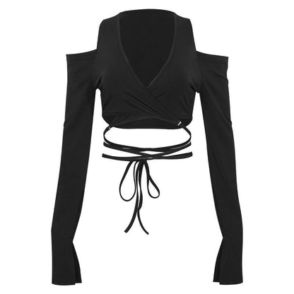 Long sleeve slit v neck off shoulder self tie crop top  | Festival Outfits Women