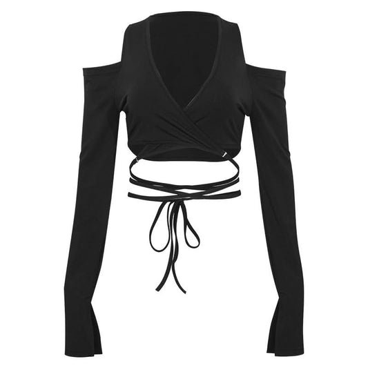 Long sleeve slit v neck off shoulder self tie crop top  | Festival Outfits Women