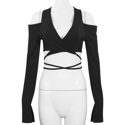 Long sleeve slit v neck off shoulder self tie crop top  | Festival Outfits Women
