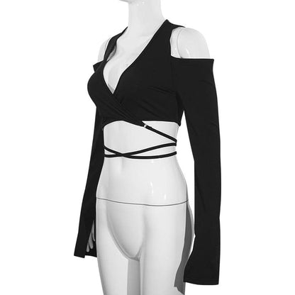 Long sleeve slit v neck off shoulder self tie crop top  | Festival Outfits Women