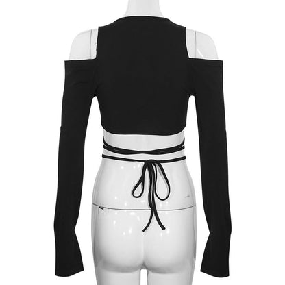 Long sleeve slit v neck off shoulder self tie crop top  | Festival Outfits Women