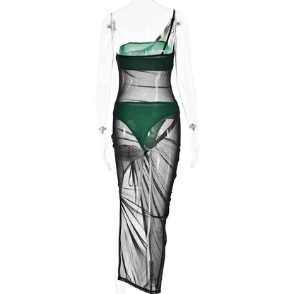 Drawstring mesh one shoulder 3 piece tube short pant set  | Festival Outfits Women