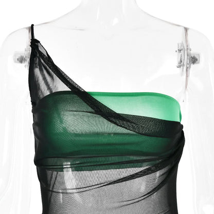 Drawstring mesh one shoulder 3 piece tube short pant set  | Festival Outfits Women