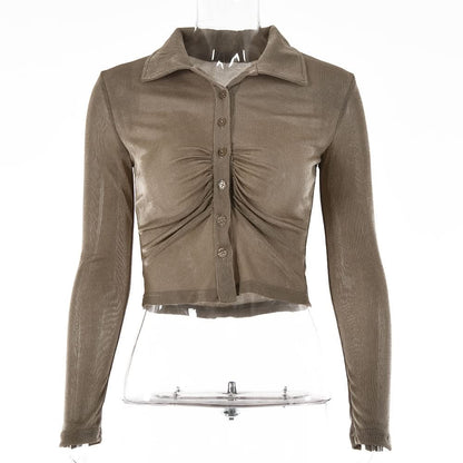 Turnover collar long sleeve ruched button crop top  | Festival Outfits Women