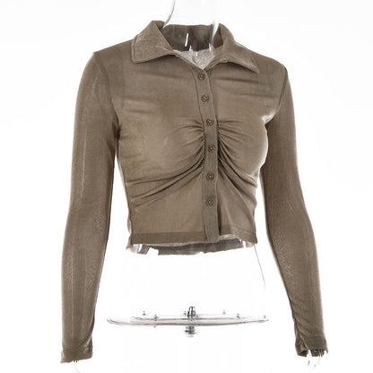 Turnover collar long sleeve ruched button crop top  | Festival Outfits Women