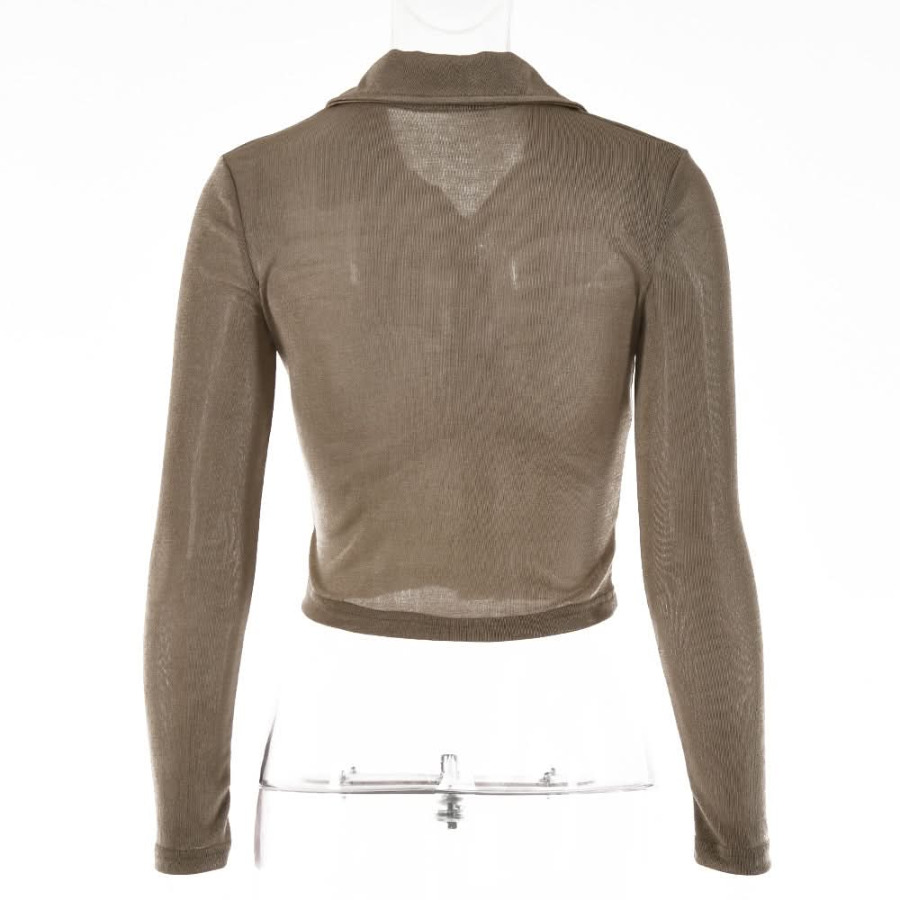Turnover collar long sleeve ruched button crop top  | Festival Outfits Women