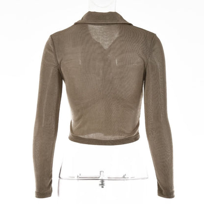 Turnover collar long sleeve ruched button crop top  | Festival Outfits Women