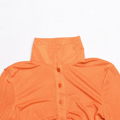 Turnover collar long sleeve ruched button crop top  | Festival Outfits Women
