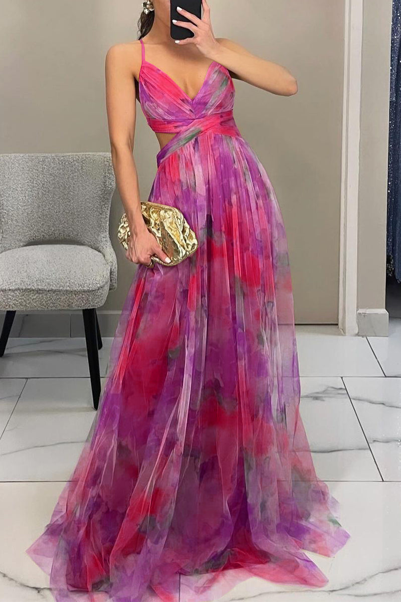 Sexy Gradient Print Backless Contrast V Neck Long Dresses