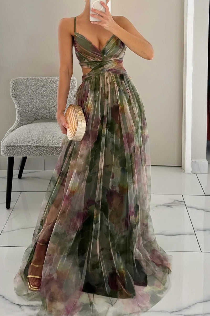 Sexy Gradient Print Backless Contrast V Neck Long Dresses
