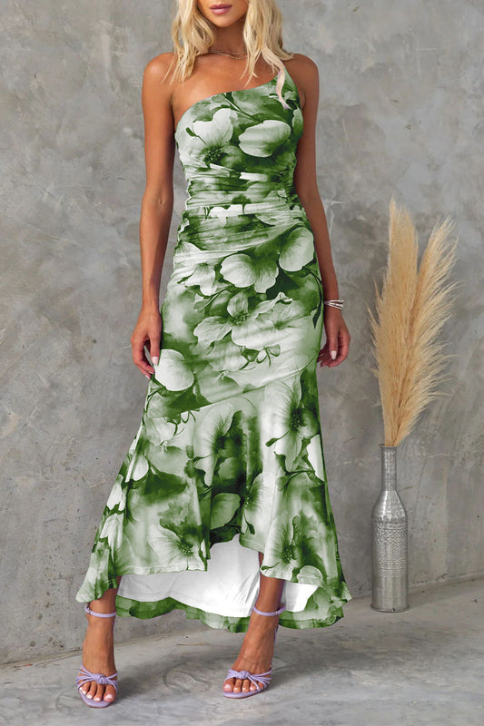 Sexy Print Flowers Flounce Oblique Collar Sleeveless Dresses