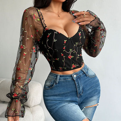 Flower embroidery bustier lace up top  | Festival Outfits Women