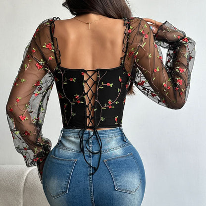 Flower embroidery bustier lace up top  | Festival Outfits Women