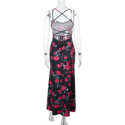 Cross back self tie flower print v neck cami maxi dress  | Festival Outfits Women