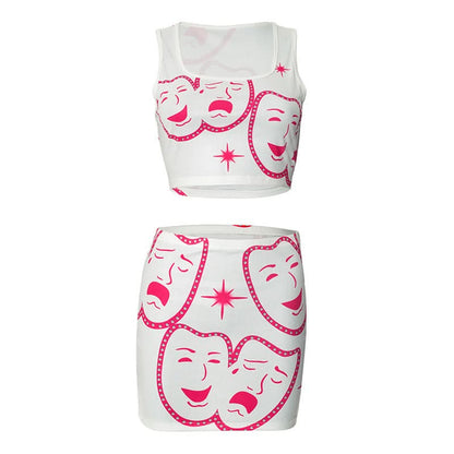 Square neck ribbed face print mini skirt set  | Festival Outfits Women