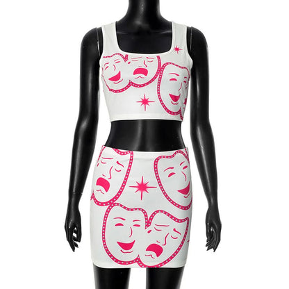 Square neck ribbed face print mini skirt set  | Festival Outfits Women
