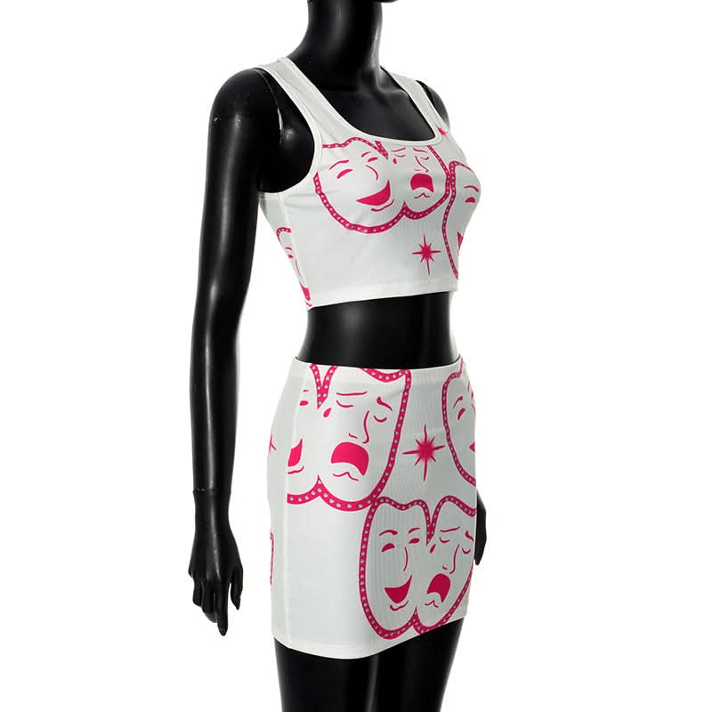 Square neck ribbed face print mini skirt set  | Festival Outfits Women