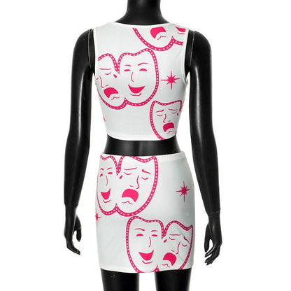 Square neck ribbed face print mini skirt set  | Festival Outfits Women