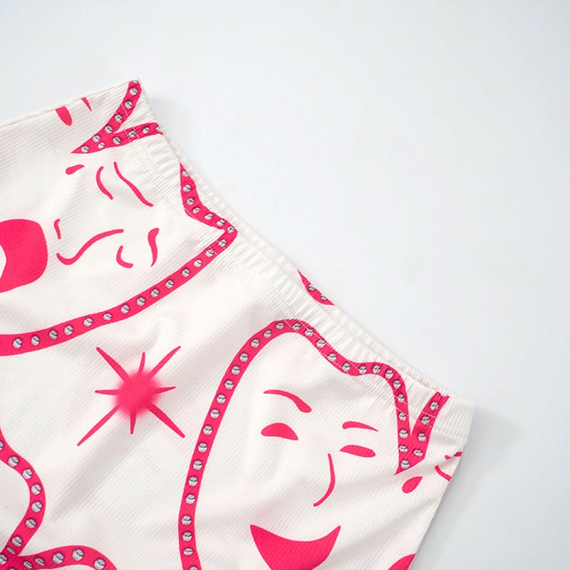 Square neck ribbed face print mini skirt set  | Festival Outfits Women