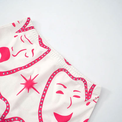 Square neck ribbed face print mini skirt set  | Festival Outfits Women