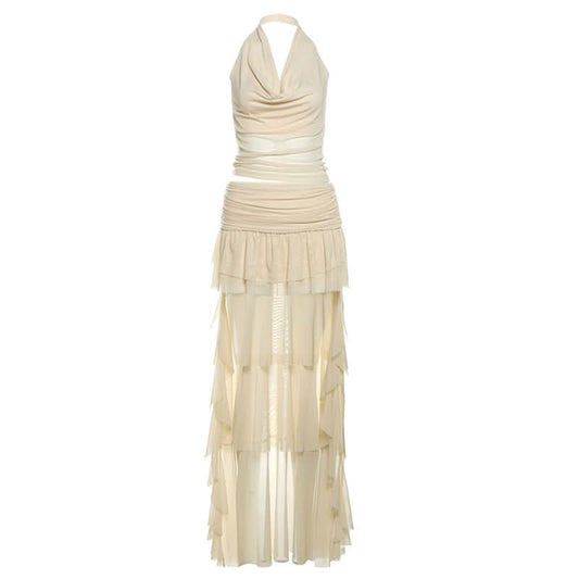 Halter mesh ruched cowl neck mini skirt set  | Festival Outfits Women