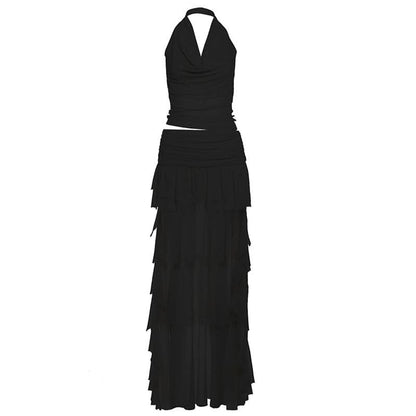 Halter mesh ruched cowl neck mini skirt set  | Festival Outfits Women