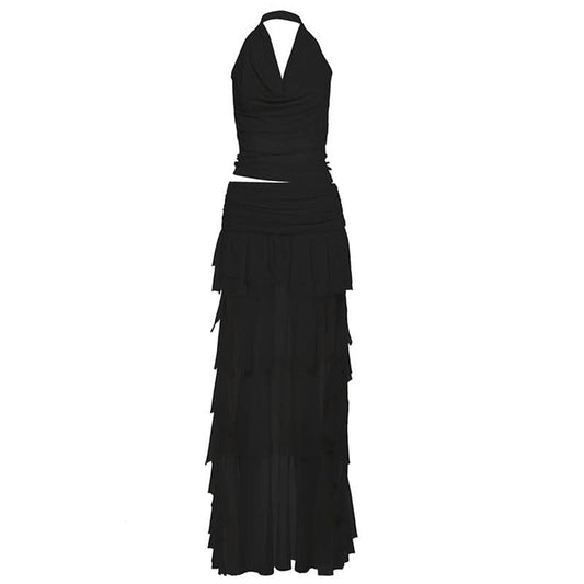 Halter mesh ruched cowl neck mini skirt set  | Festival Outfits Women