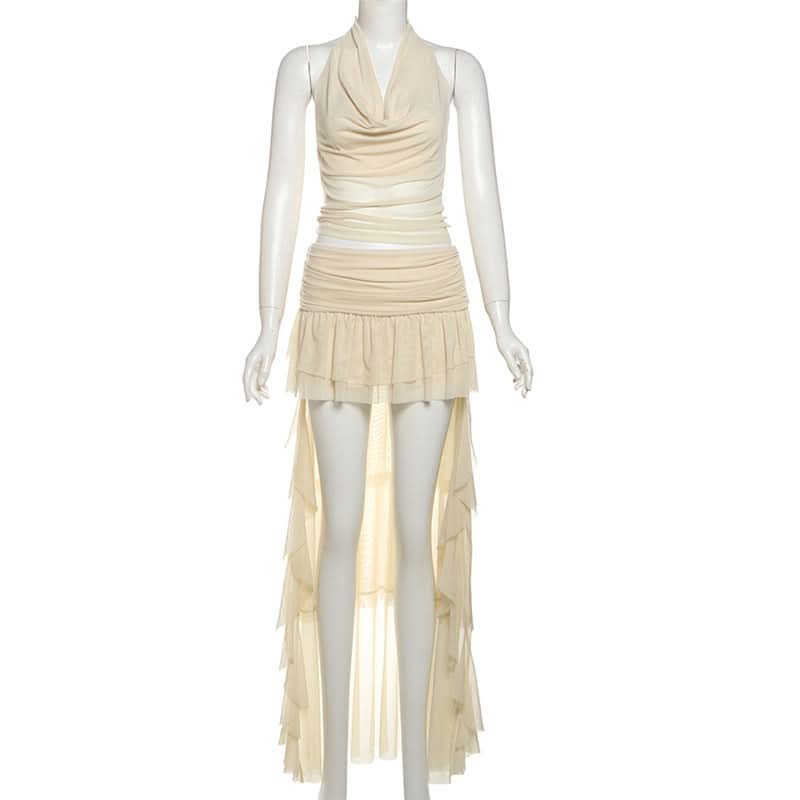 Halter mesh ruched cowl neck mini skirt set  | Festival Outfits Women
